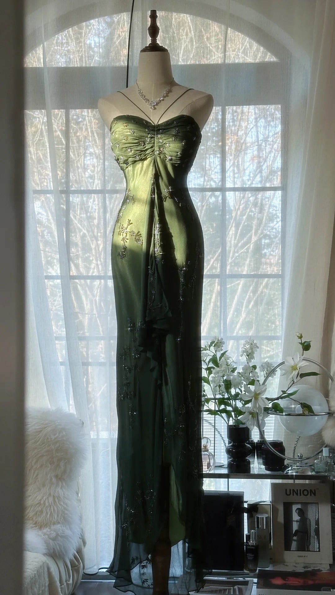 Simple Mermaid Halter Dark Green Chiffon With Beading Formal Gown Long Evening Night Prom Dresses MP1026