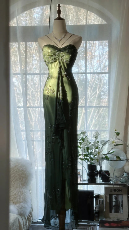 Simple Mermaid Halter Dark Green Chiffon With Beading Formal Gown Long Evening Night Prom Dresses MP1026