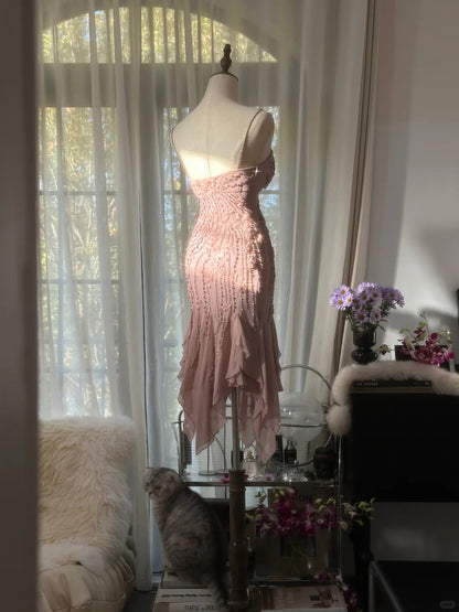 Sexy Homecoming-Kleider Spaghettiträger Rosa Meerjungfrau Knielang Party Abschluss Outfits MP1088