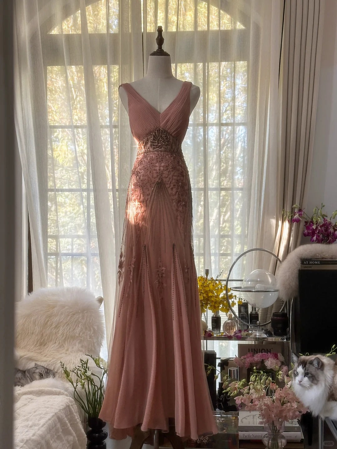 Modest Mermaid V Neck Pink Chiffon With Gems Crystals Long Sleeveless Formal Gown Prom Dresses MP1091