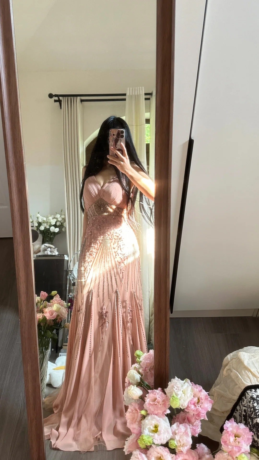 Elegantes & Ätherisches Meerjungfrauen-V-Ausschnitt-Kleid aus Chiffon in Errötendem Rosa, Ärmellos, für Gala, Schönheitswettbewerb, Abschlussballkleider MP1137