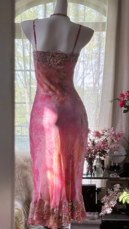Vintage Mermaid Pink With Lace Formal Gown With Appliqued Evening Night Mid Length Prom Dresses MP1000