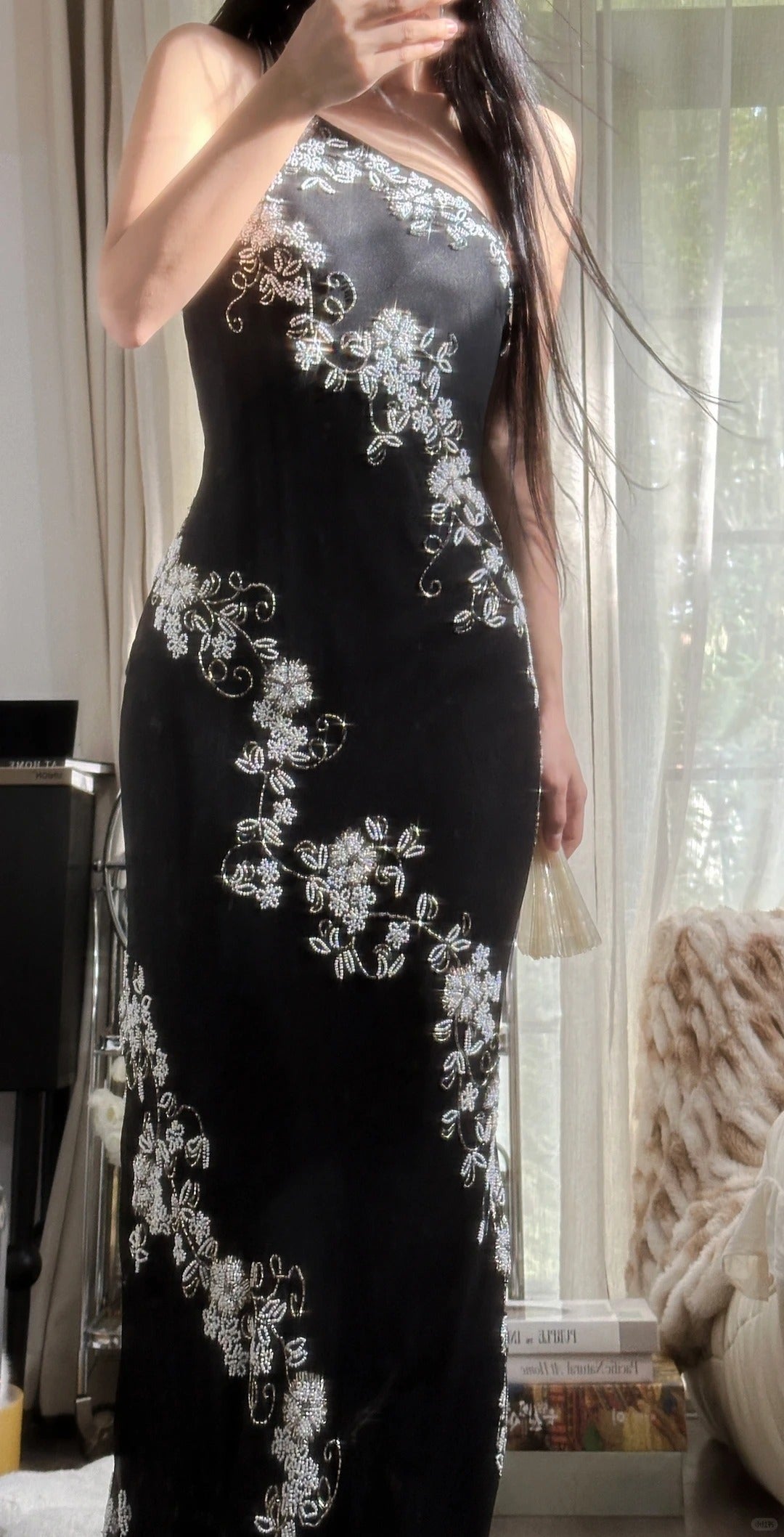 Magnifique Robe de Bal Sirène Asymétrique en Chiffon Noir avec Cristaux Longueur Ras du Sol sans Manches Robe de Soirée MP1130
