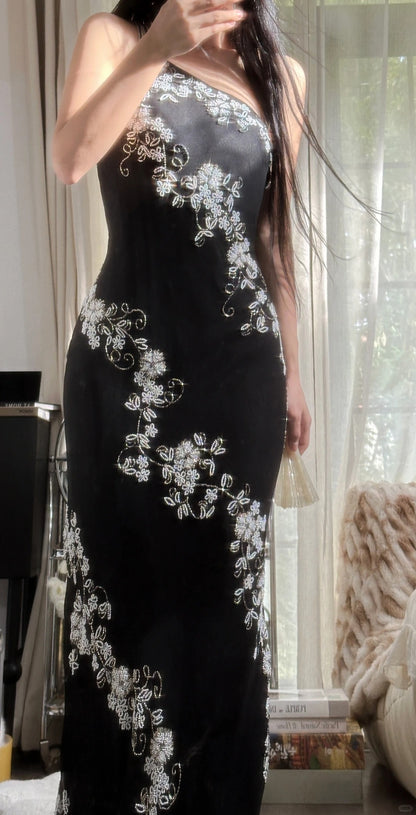 Magnifique Robe de Bal Sirène Asymétrique en Chiffon Noir avec Cristaux Longueur Ras du Sol sans Manches Robe de Soirée MP1130