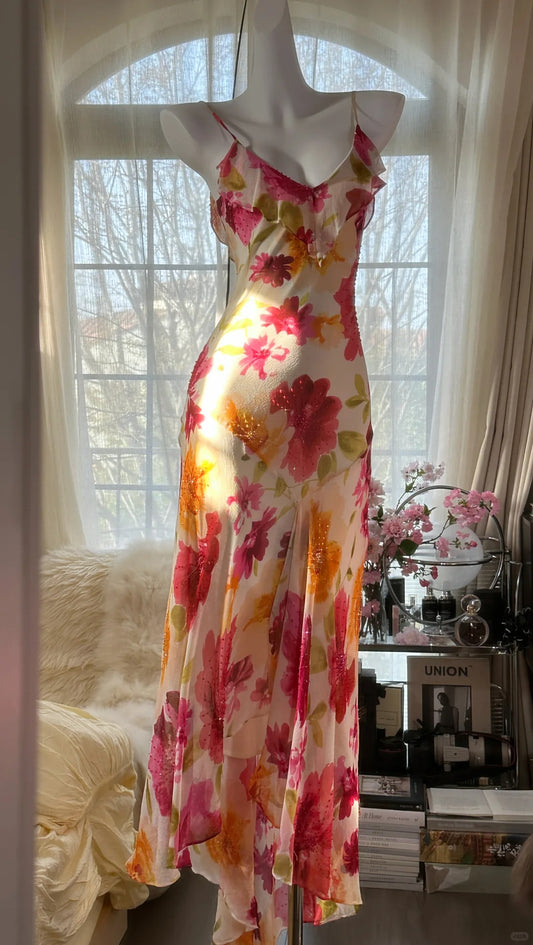 Fairy-tale Mermaid Spaghetti Strap Floral Chiffon Irregular Evening Night Gown Sleeveless Prom Dresses MP985