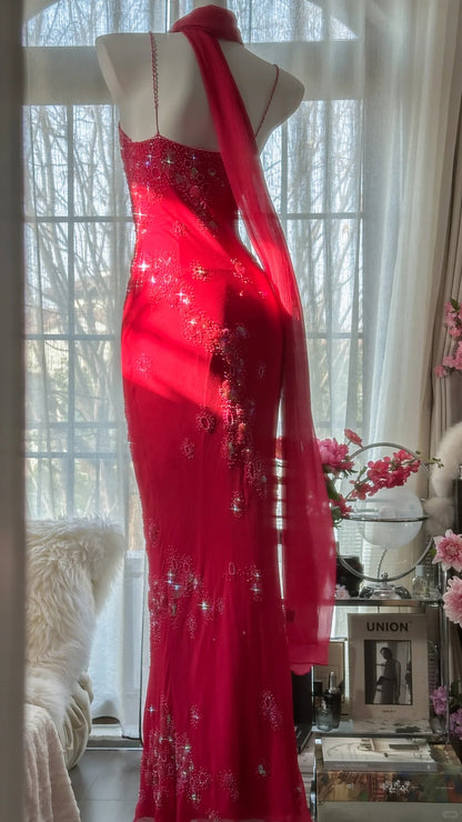 Modest Mermaid Spaghetti Strap Red With Crystals Chiffon Beaded Evening Night Gown Sleeveless Prom Dresses MP1028