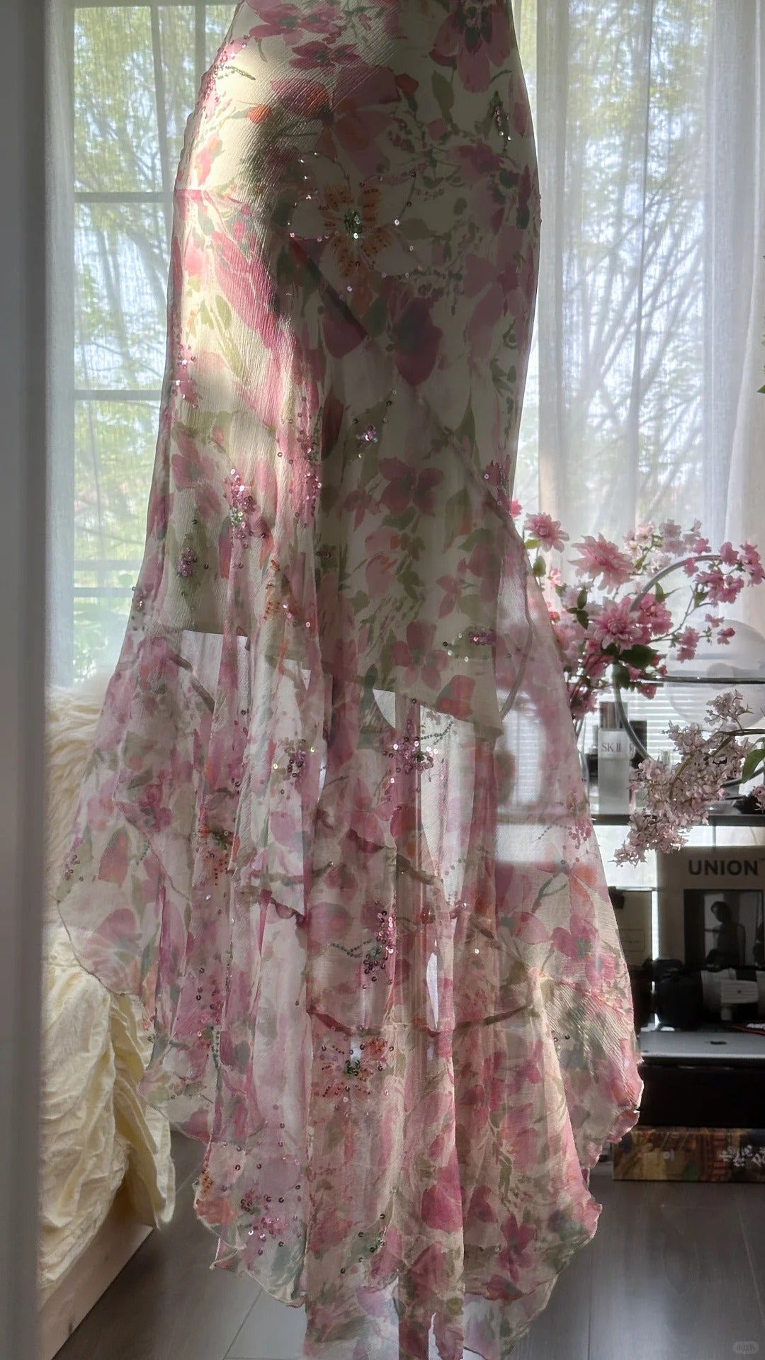 Robes de soirée sans manches en mousseline de soie rose à bretelles spaghetti et cristaux, motif floral, pour bal de fin d'année, MP1009
