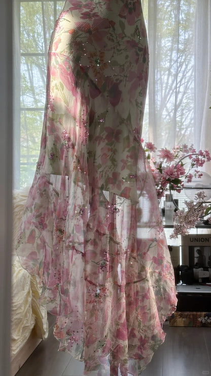 Robes de soirée sans manches en mousseline de soie rose à bretelles spaghetti et cristaux, motif floral, pour bal de fin d'année, MP1009