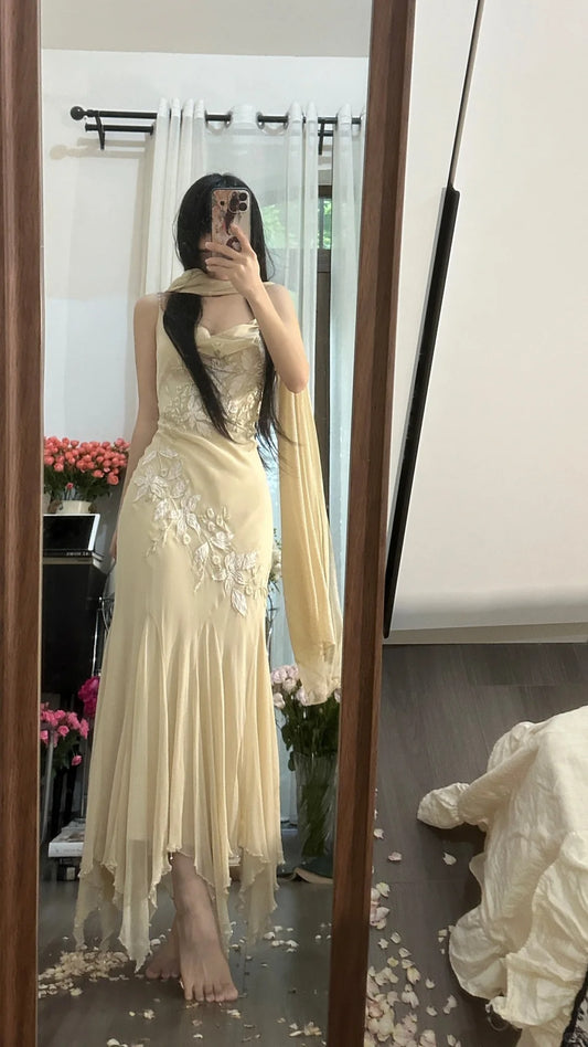 Pretty Mermaid Spaghetti Strap Champagne Chiffon With Scarf Long Sleeveless Formal Gowns Prom Dresses MP1123