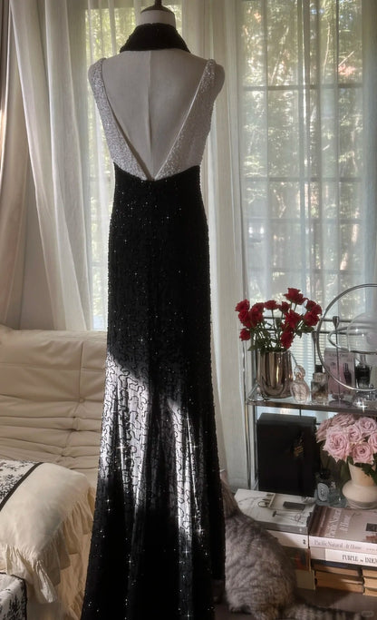 Vintage Sirène Col Bénitier Paillettes Noir Blanc Avec Écharpe Robe Longue Formelle Tenues De Soirée Robes De Bal MP1083
