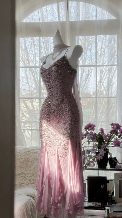Vintage Mermaid Spaghetti Strap Chiffon Asymmetrical Lilac Chiffon Formal Gown Evening Night Prom Dresses MP1046