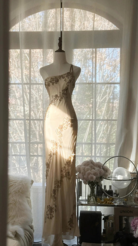 Modest Mermaid One Shoulder Ivory Chiffon With Gems Crystals Long Sleeveless Formal Gown Prom Dresses MP1092