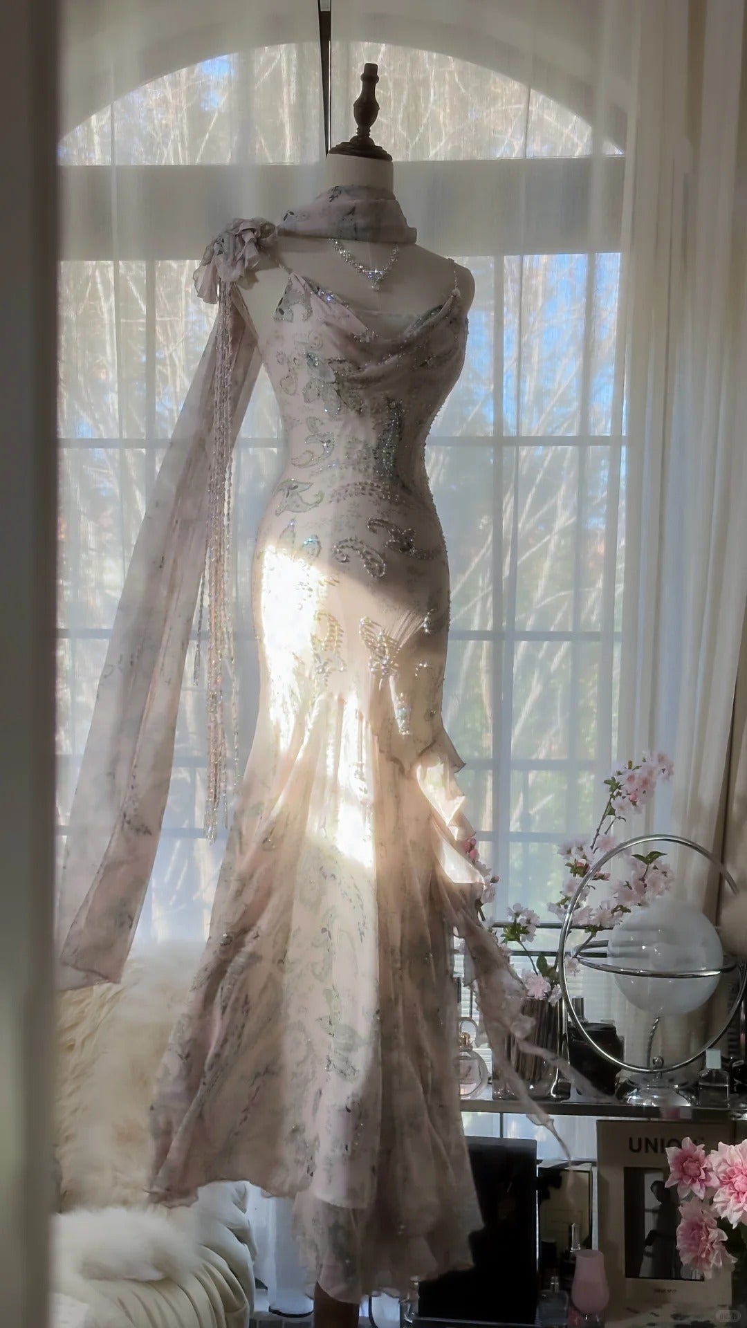 Vintage Mermaid Spaghetti Strap Chiffon With Beaded Floral Formal Gown Long Evening Night Prom Dresses MP1019