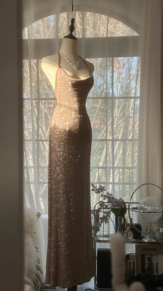 Vintage Mermaid Halter Champagne With Backless Formal Gown Sequin Long Evening Night Prom Dresses MP1015