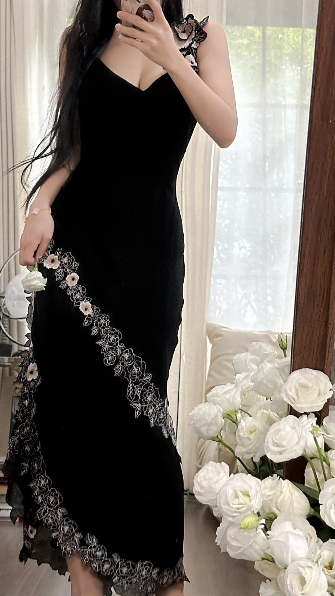 Sexy Meerjungfrau Schwarzer Chiffon mit Applikation Lang Ärmelloses Abendkleid Ballkleid MP1093