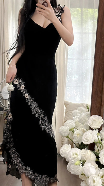 Sexy Meerjungfrau Schwarzer Chiffon mit Applikation Lang Ärmelloses Abendkleid Ballkleid MP1093