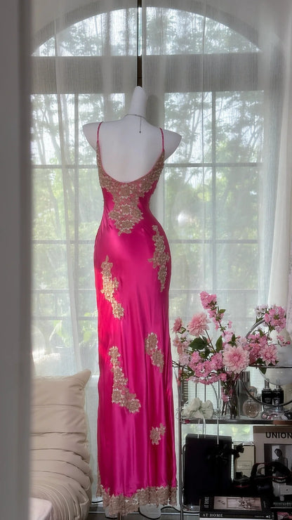 Elegante Meerjungfrauen-Abendkleider MP967 in Hot Pink mit Spaghettiträgern, Perlenstickerei und Spitze, Ärmellos, Bodenlang