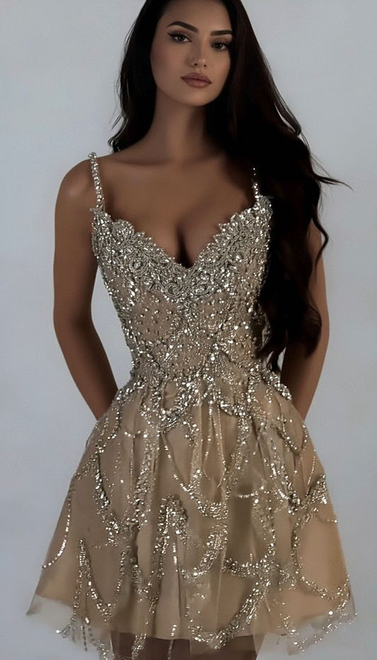 Elegante Heimkehrkleider Ballkleid Champagner Pailletten Minikleid Cocktail Modekleid Party Abschlussball Outfits MP1158