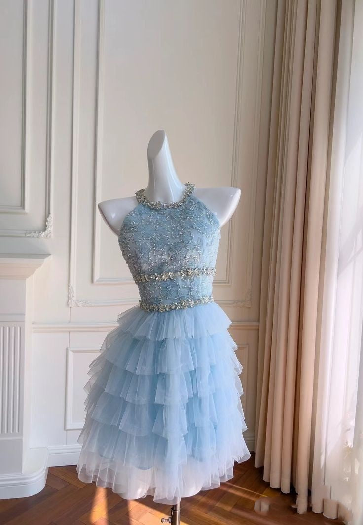 Princess Ball Gown Jewel Neck Tulle Blue Graduation Short Homecoming Dress 15th Birthday Outfits MP801