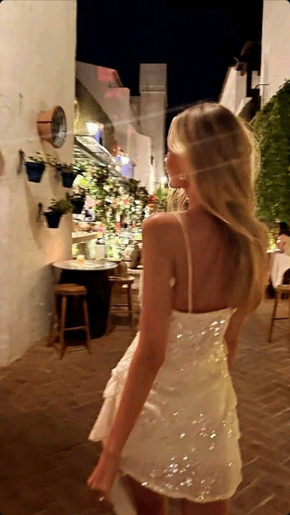 Glitzernde A-Linien-Kurz-Heimkehrkleider Spaghettiträger Pailletten Kurz-Ballkleid MP323