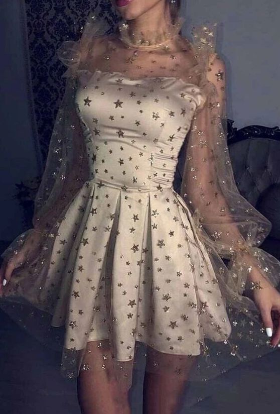 Cute Tulle Star Short Homecoming Dresses ,Long Sleeve Knee Short Prom Dress MP319