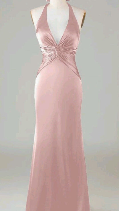 Elegante lange Ballkleider Meerjungfrau Blau Neckholder Pink Satin mit plissiertem Abendkleid Abschlusskleider MP308