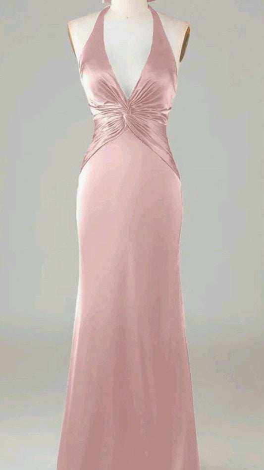 Elegant Long Prom Dresses Mermaid Blue Halter Pink Satin With Pleated Formal Dress Graduation Gowns MP308