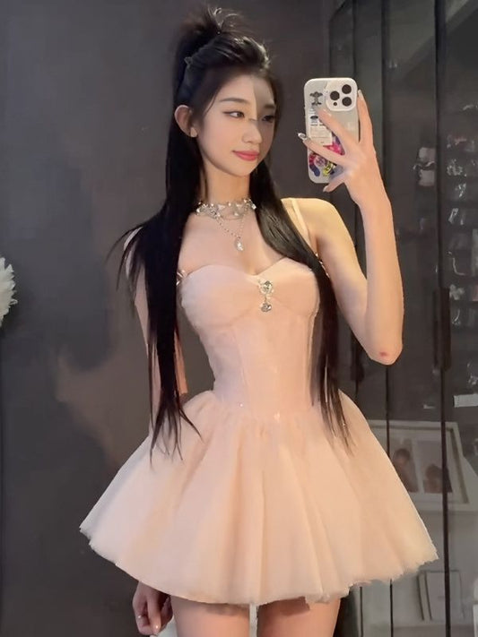 Chic Cocktail Ball Gown Spaghetti Strap Blush Pink Tulle Formal 17th Birthday Outfits Homecoming Dresses MP671