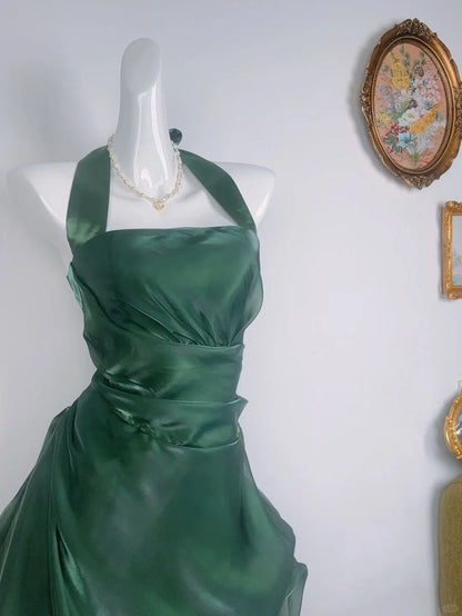 Robe courte de bal de promo à col halter à fleurs vert foncé vintage MP317
