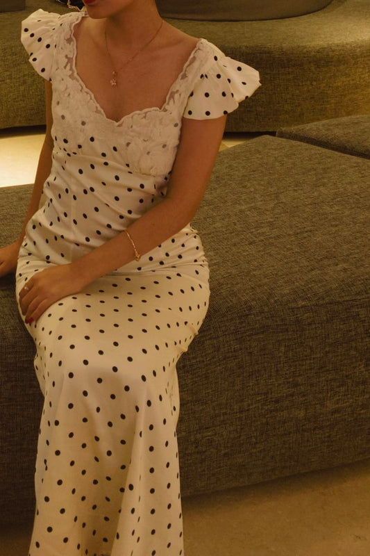 Classic Sheath Sweetheart Lace White Black Polka Dots Prom Dresses Long Formal Dresses Graduation Gown MP482