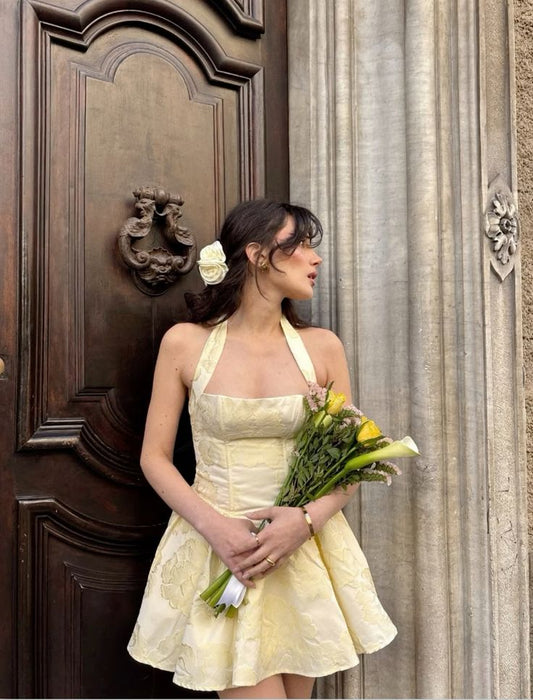 Schickes Ballkleid Neckholder Gelb Spitze Kurz Mini 16. Geburtstag Outfits Homecoming Kleider MP941