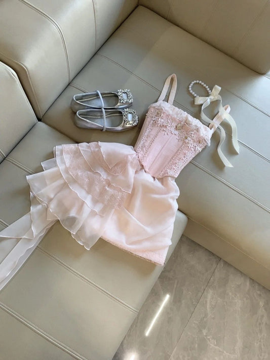 Schönes A-Linien Spaghettiträger Rosa Chiffon Mini-Heimkehrkleid Hoco 18. Geburtstags-Outfit MP1296
