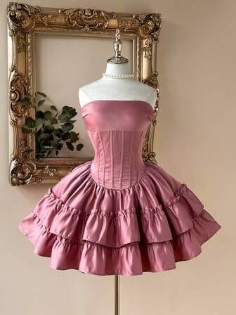 Süßes Ballkleid Trägerloses Rosafarbenes Satin Kurzes Mini-Geburtstags-Outfit Homecoming-Kleid MP820