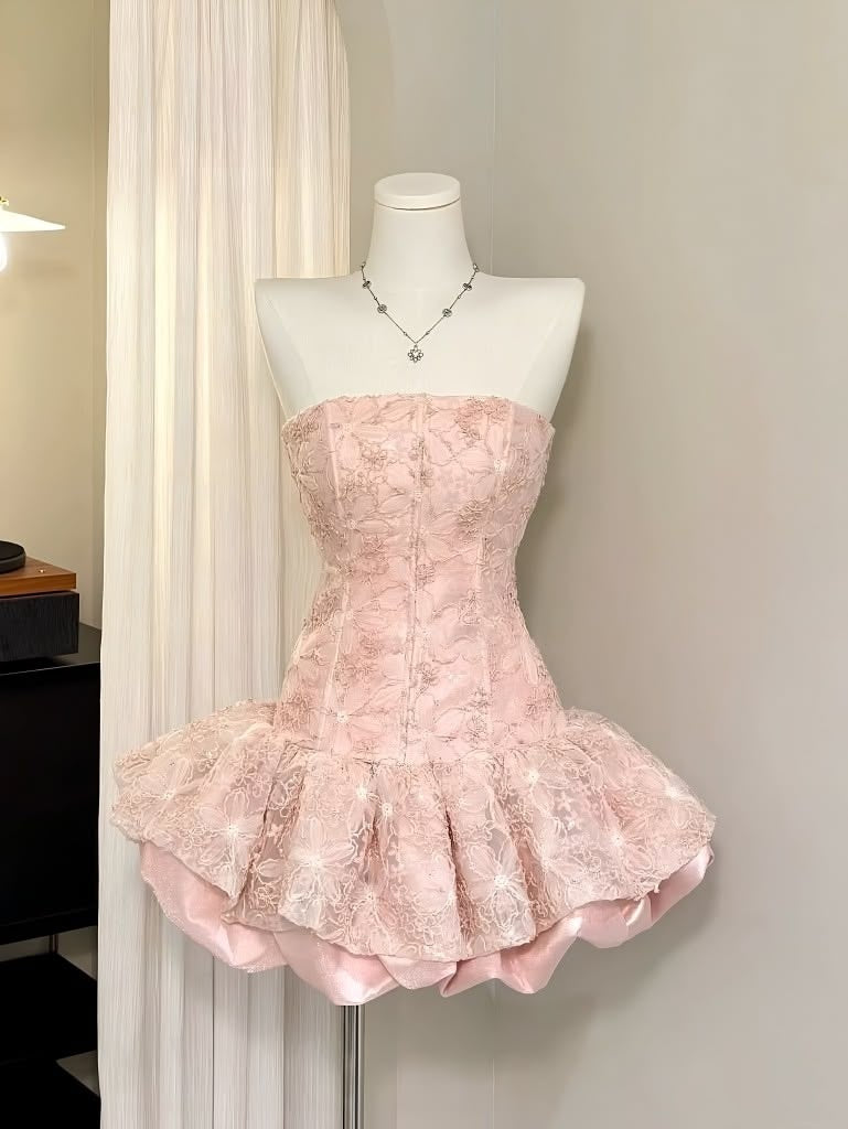 Cute Sheath Strapless Lace Pink Dance Short Mini Homecoming Dresses Inspo Hoco Dress Idea MP1363