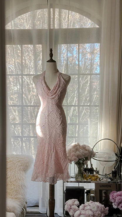 Sexy Homecoming-Kleider Neckholder Scheide Pink mit Perlen Knielang Party Abschluss-Outfits MP1054