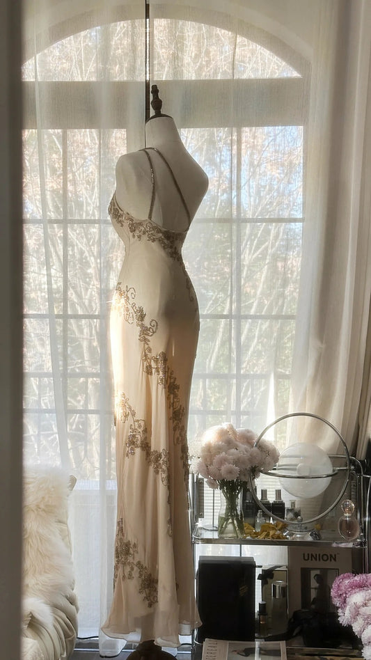 Modest Mermaid One Shoulder Ivory Chiffon With Gems Crystals Long Sleeveless Formal Gown Prom Dresses MP1092