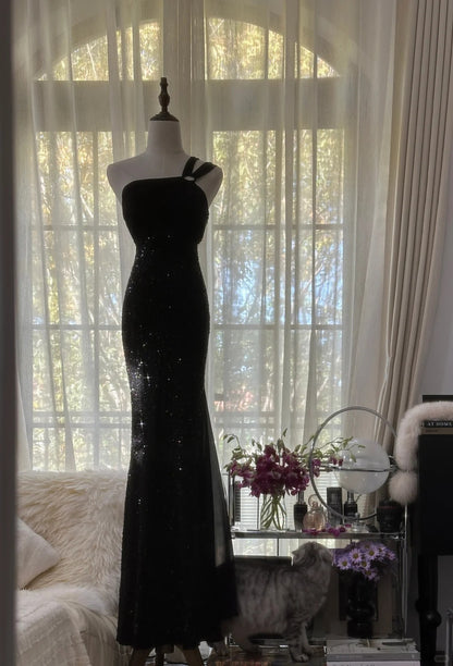 Wunderschönes Meerjungfrau One-Shoulder Abendkleid Schwarz Lang Formelle Outfits Ballkleider MP1120