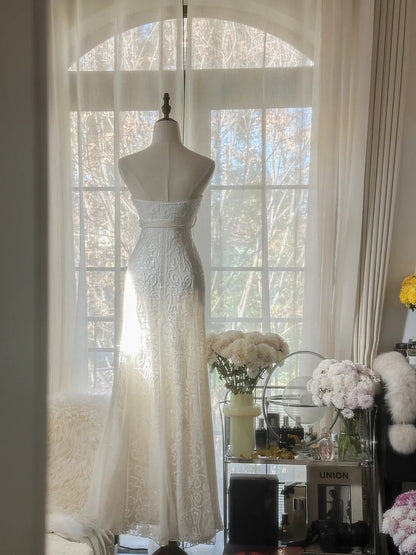 Pretty Mermaid Strapless White Sequin With Beading Long Sleeveless Formal Gowns Prom Dresses MP1125
