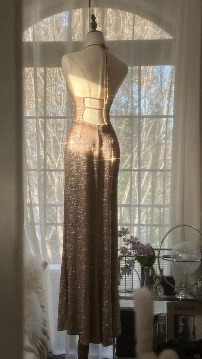 Vintage Mermaid Halter Champagne With Backless Formal Gown Sequin Long Evening Night Prom Dresses MP1015