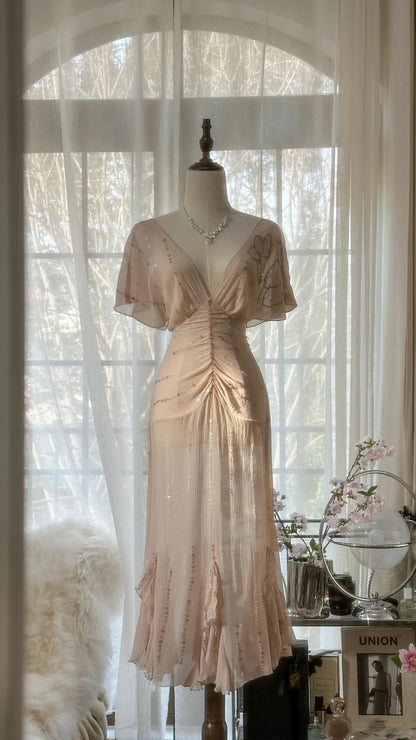 Modest A line V Neck Blush Pink Chiffon With Beading Evening Night Gown Tea Length Prom Dresses MP1036