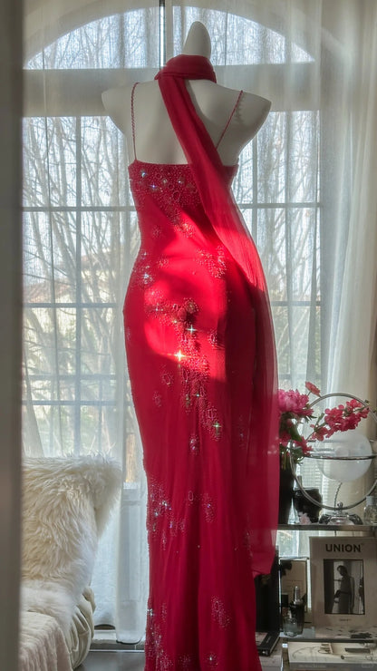 Modest Mermaid Spaghetti Strap Red With Crystals Chiffon Beaded Evening Night Gown Sleeveless Prom Dresses MP1028
