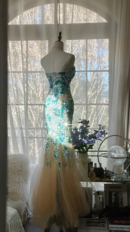 Sexy Mermaid Sweetheart Champagne Tulle With Blue Applique Long Sleeveless Formal Gown Prom Dresses MP1094