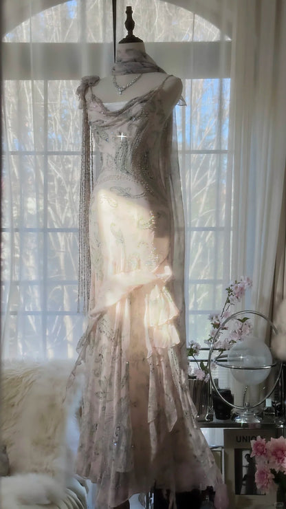 Vintage Mermaid Spaghetti Strap Chiffon With Beaded Floral Formal Gown Long Evening Night Prom Dresses MP1019