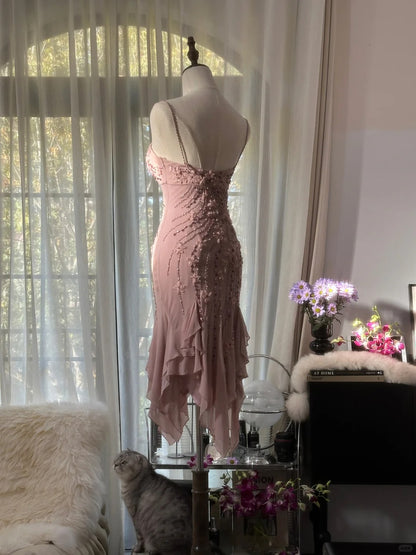 Sexy Homecoming-Kleider Spaghettiträger Rosa Meerjungfrau Knielang Party Abschluss Outfits MP1088
