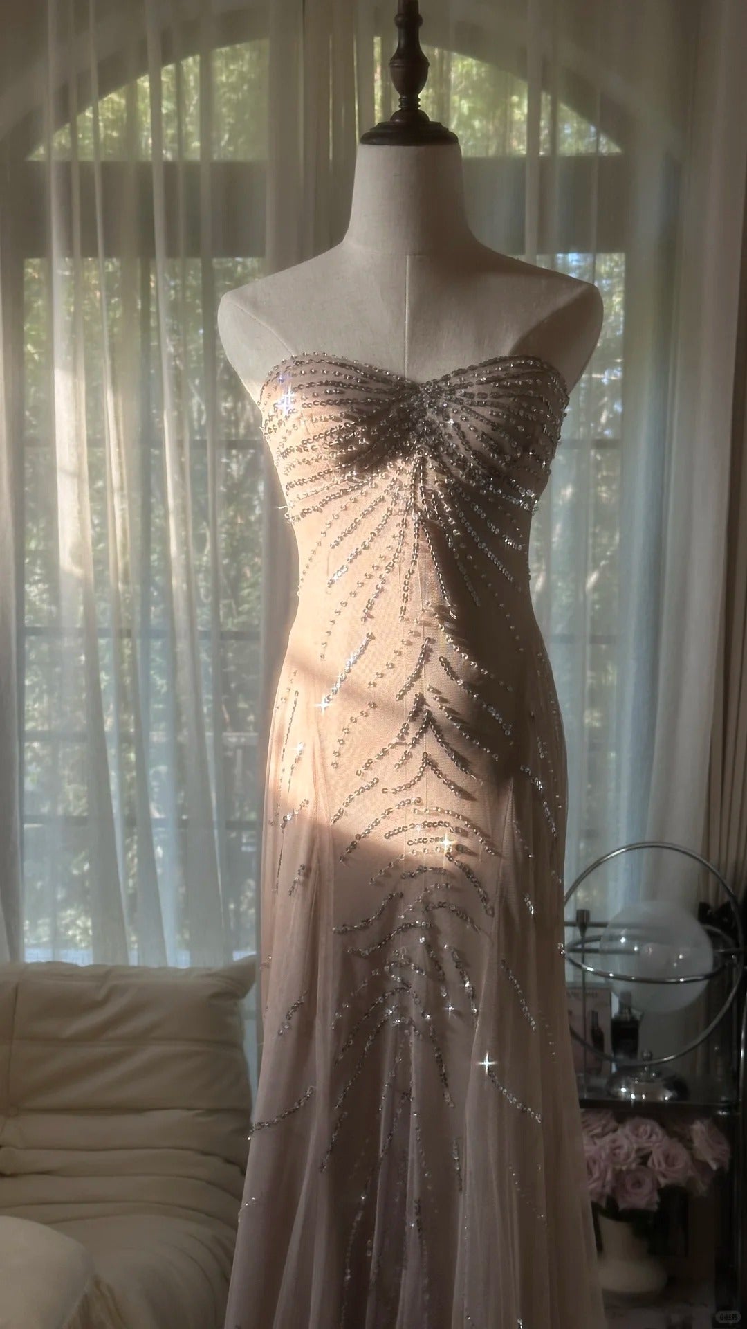 Funkelnde Meerjungfrau-Sweetheart-Champagner-Chiffon mit Perlen ärmellose festliche Outfits Ballkleider MP1111