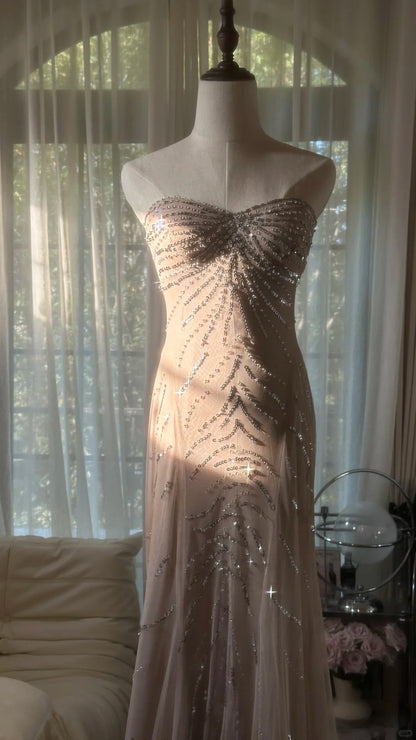 Funkelnde Meerjungfrau-Sweetheart-Champagner-Chiffon mit Perlen ärmellose festliche Outfits Ballkleider MP1111