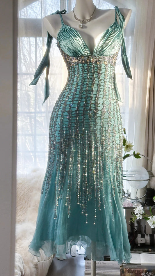 Vintage Mermaid Spaghetti Strap Blue With Silver Beading Evening Night Gown Tea Length Prom Dresses MP988