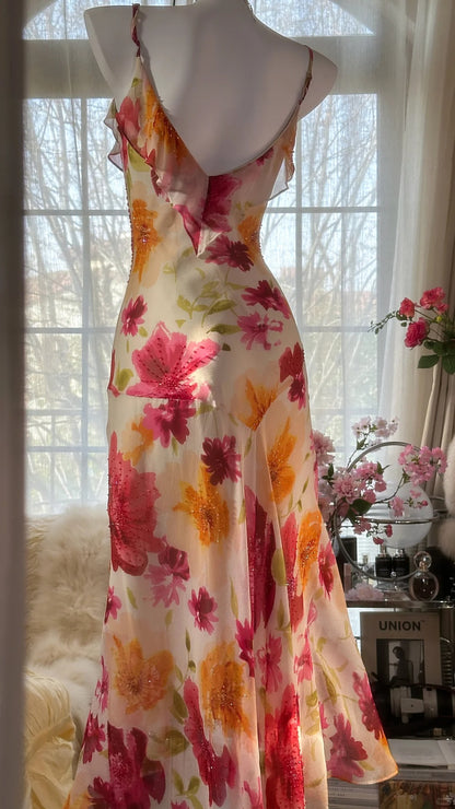Robe de soirée asymétrique sans manches en mousseline florale à bretelles spaghetti et sirène conte de fées pour le bal MP985