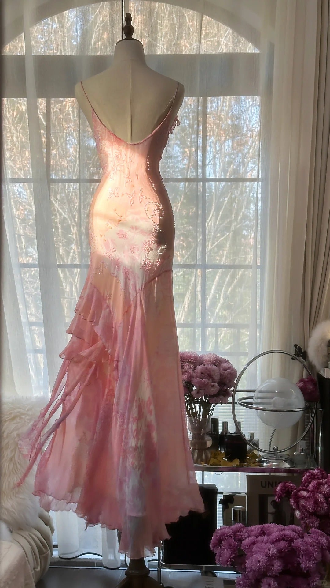 Sexy Mermaid Spaghetti Strap Pink Floral Chiffon Floor length Sleeveless Formal Outfit Prom Dresses MP1102