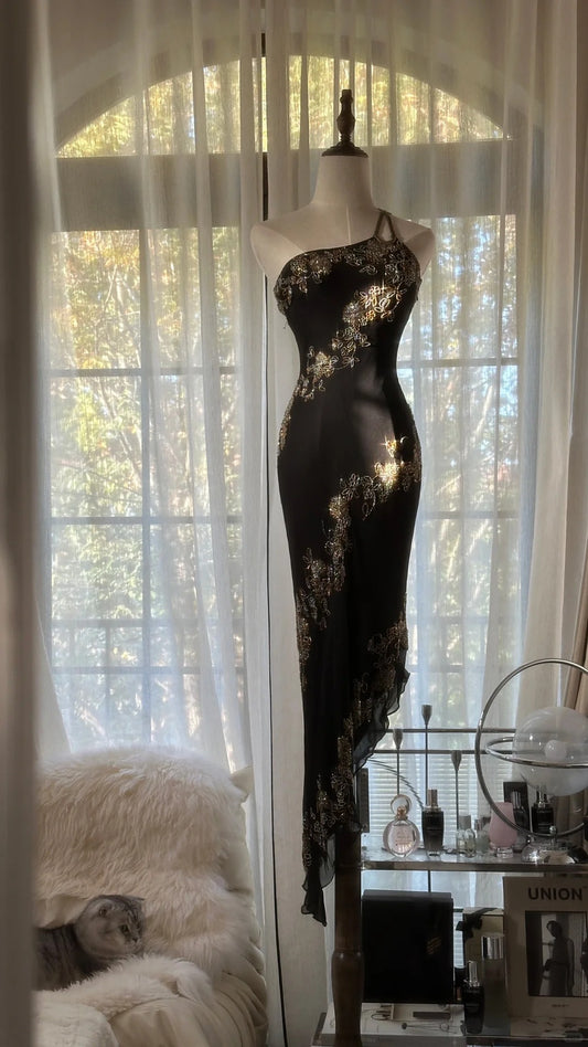 Classy Sheath One Shoulder Black Tie Lace Irregular Inspiration Sleeveless Formal Outfits Prom Dresses MP1144